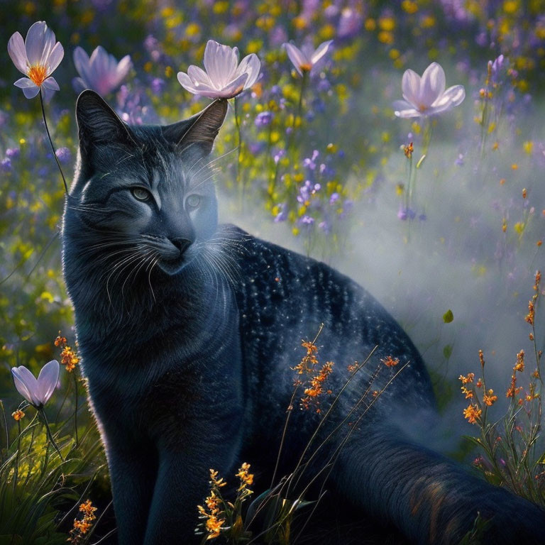 Grey Cat Surrounded by Purple and Orange Wildflowers in Misty Setting