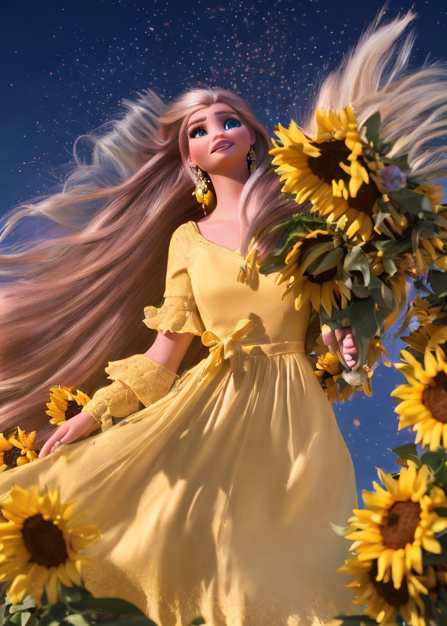 Blonde Doll in Yellow Dress with Sunflowers on Starry Sky Background