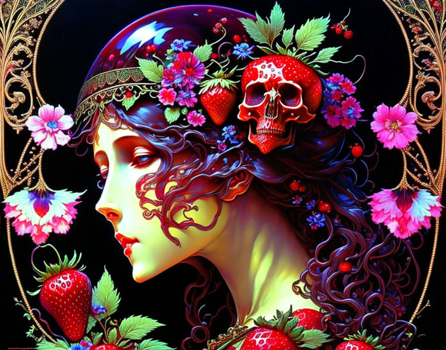 Digital artwork: Woman's profile with flowing hair, skull, strawberries, flowers on black.