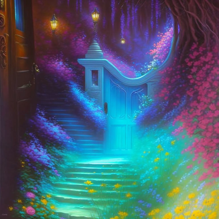 Colorful fantasy illustration: Neon staircase to glowing door with luminescent trees.