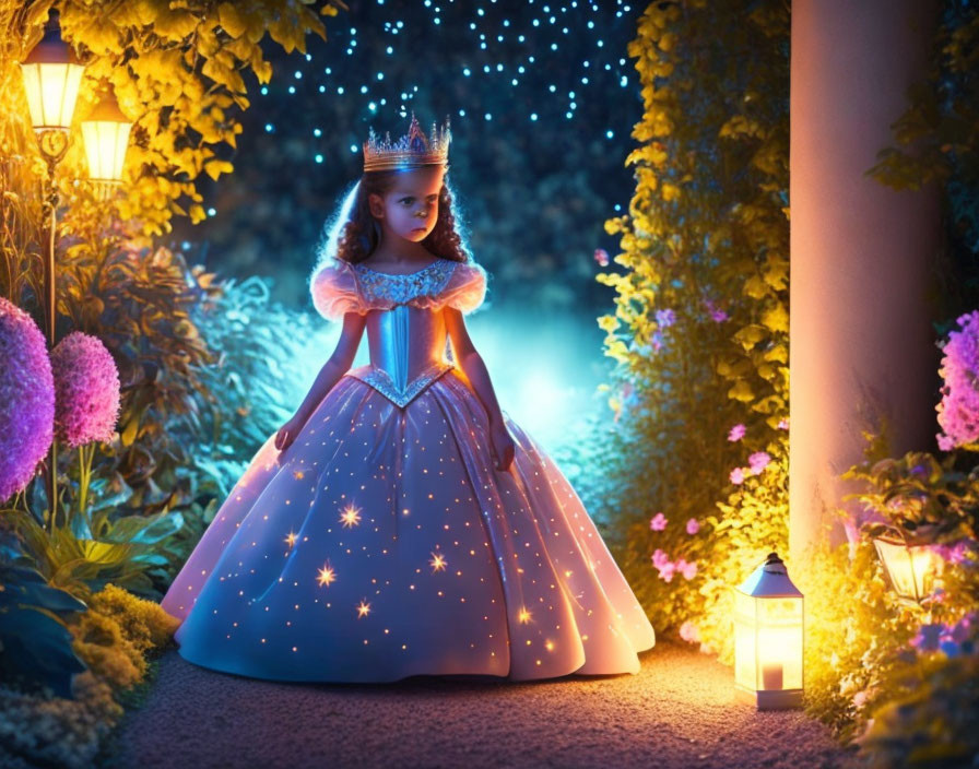 Young girl in princess dress and crown in enchanted garden at night with glowing lantern