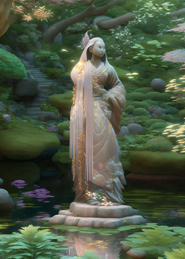 Ethereal woman statue in traditional attire in lush garden