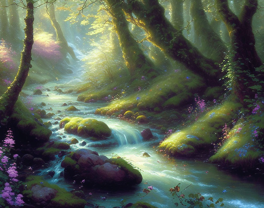 Tranquil forest scene with sunlight, stream, mossy rocks, and wildflowers