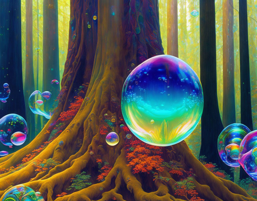 Colorful Forest Scene with Large Tree and Reflective Bubbles