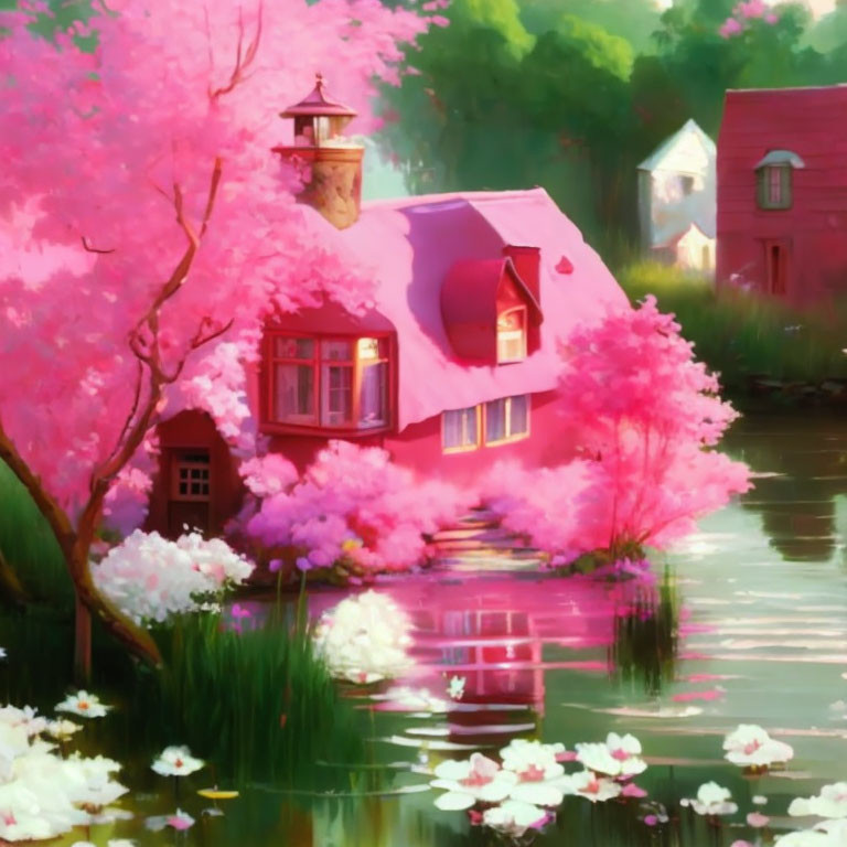 Tranquil riverside landscape with pink house and lush trees