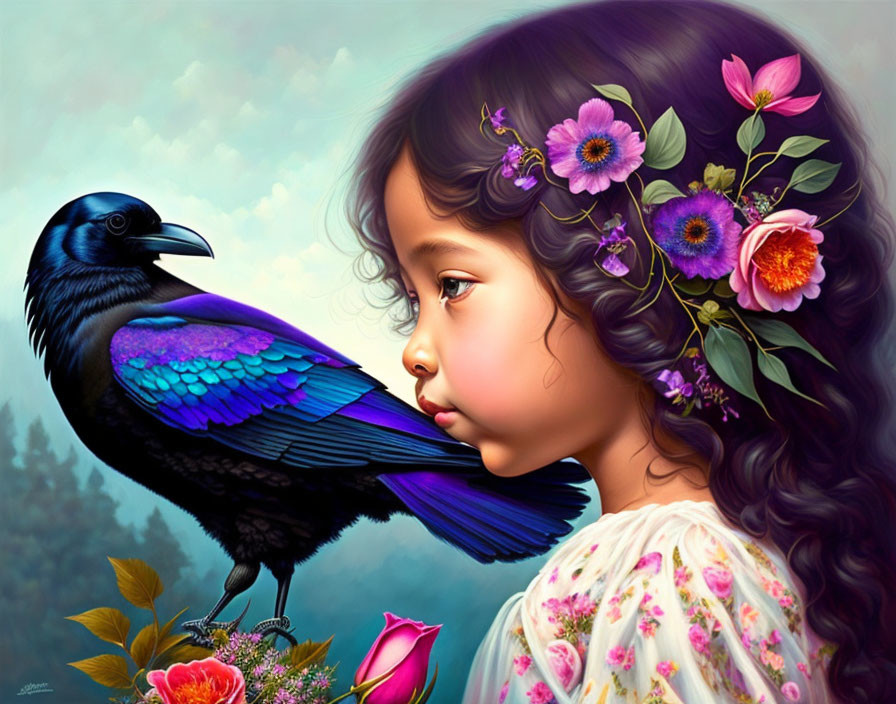 Young girl with floral hair decorations admires blue raven in nature scene