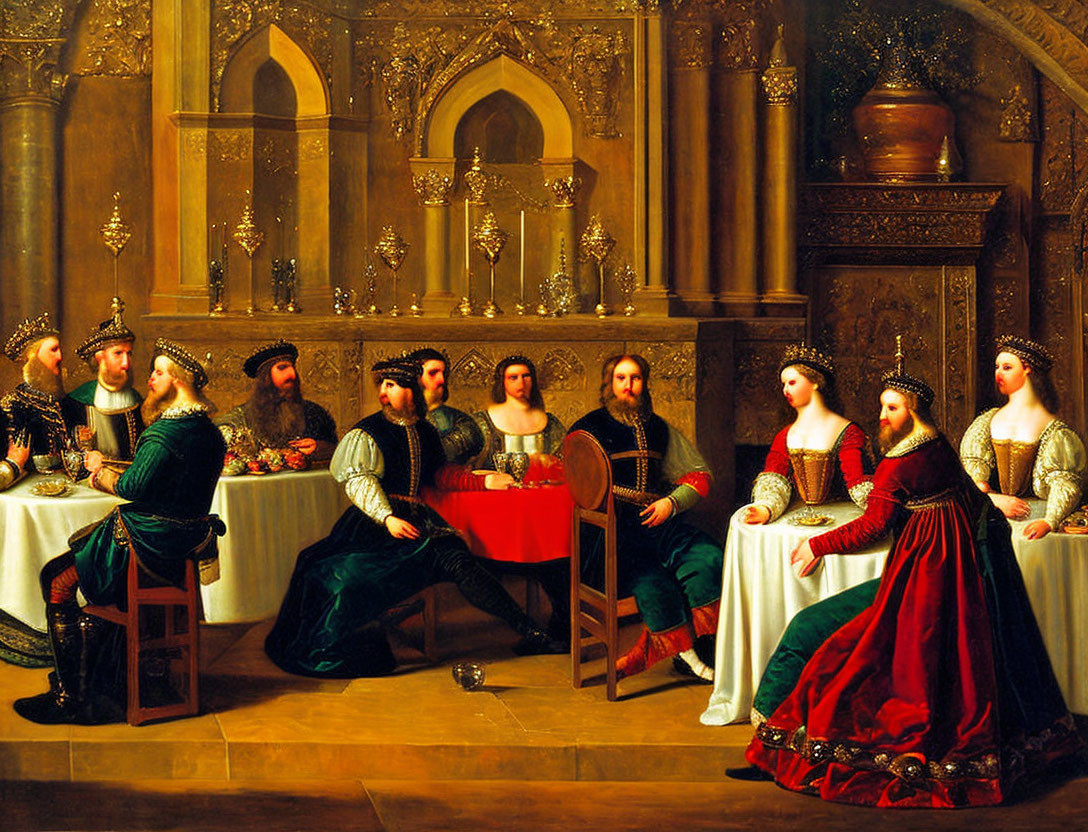 Royal Feast Painting Depicting Elegantly Attired Nobility at Luxurious Table