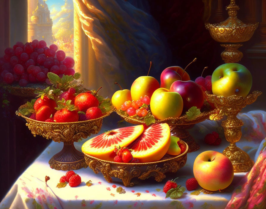 Golden dishes hold ripe fruit in warm light, with a castle backdrop.