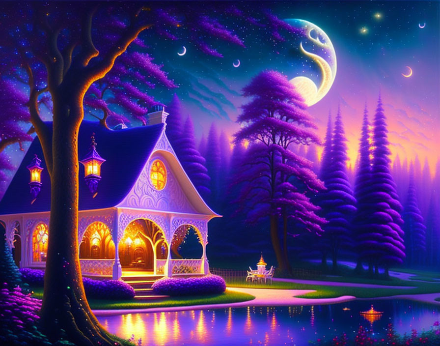 Colorful landscape with cottage, pond, purple trees, starry sky.