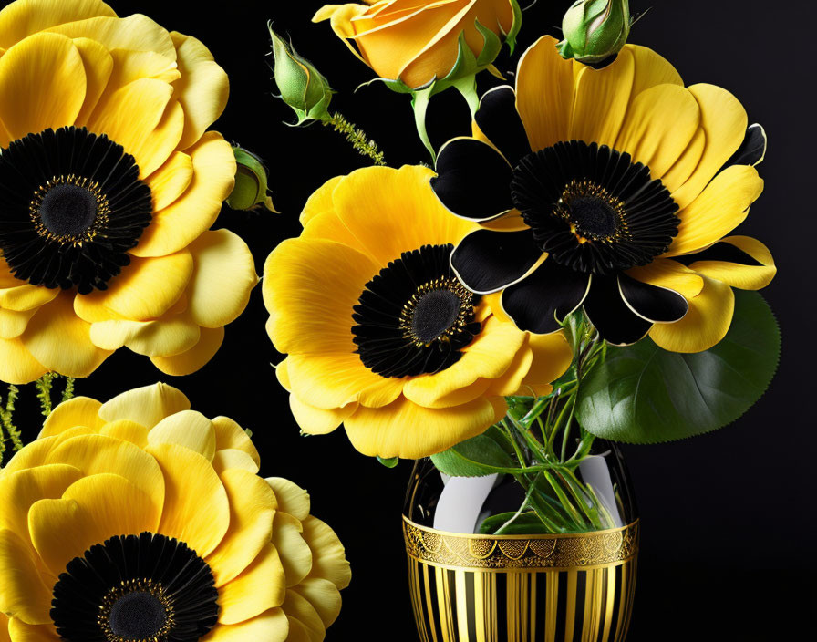 Yellow Anemone Flowers in Black and Gold Vase