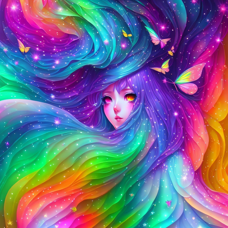 Colorful girl illustration with galaxy hair and mystical elements.