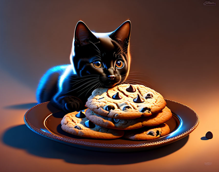 Cartoon-style black and white kitten admiring chocolate chip cookies on blue plate