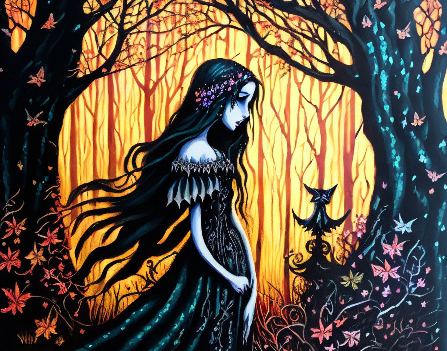 Woman in Black Dress in Magical Autumn Forest with Bird and Glowing Trees