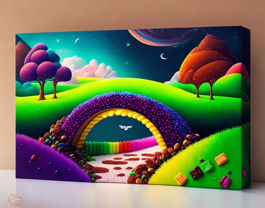 Vibrant landscape painting with candy-like archway, vibrant trees, and starry night sky