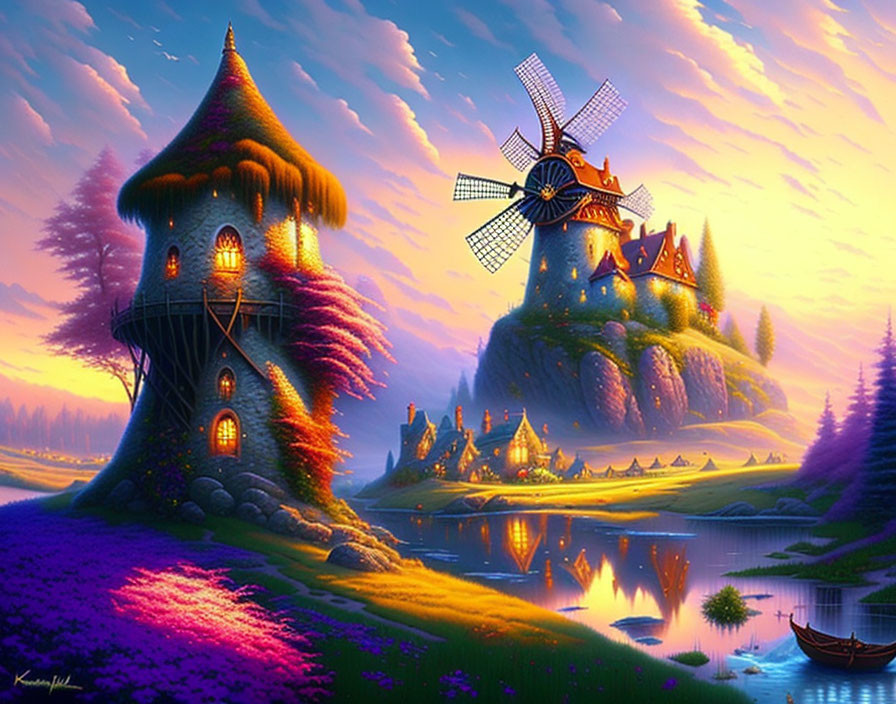 Fantasy landscape at dusk with mushroom houses, windmill, river, lavender fields, boat