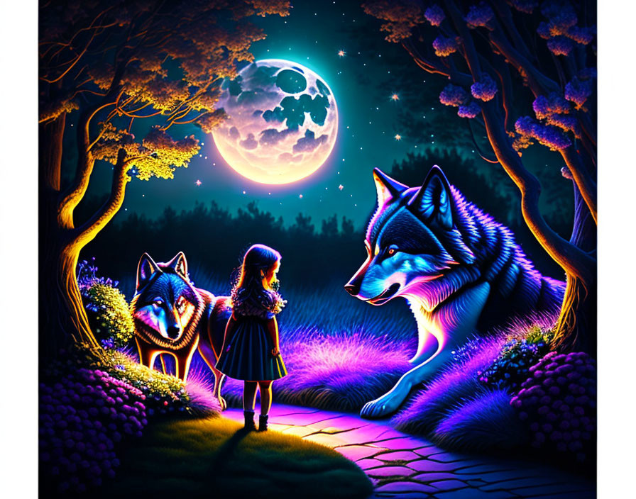 Artwork: Girl, Wolves, Moonlit Path, Starry Sky, Mystical Forest