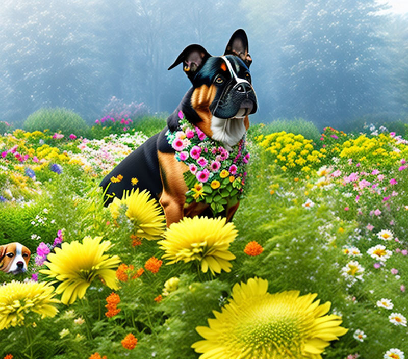 Floral necklace dog in vibrant wildflower setting