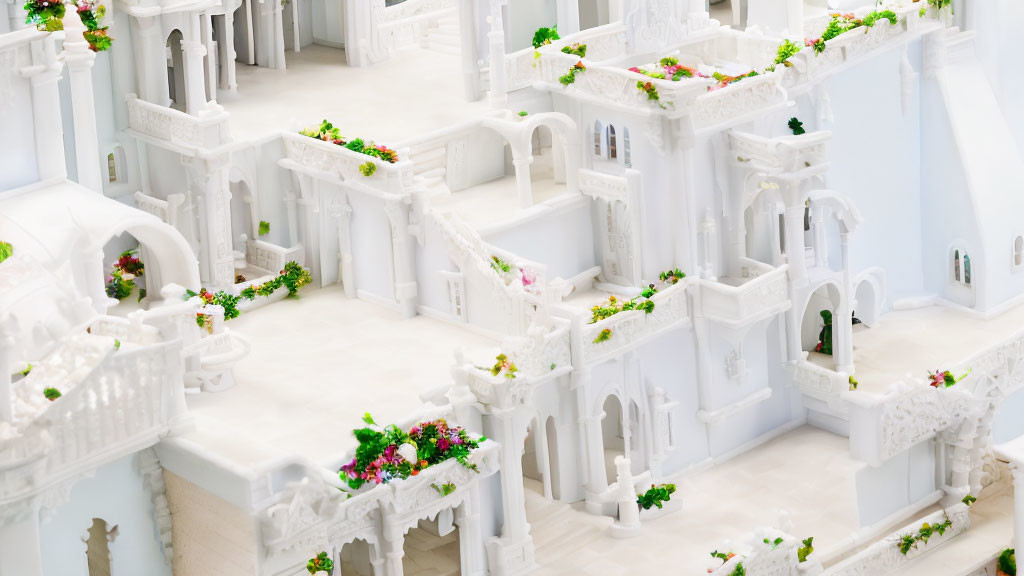 Miniature White Architectural Model with Colorful Flower Balconies