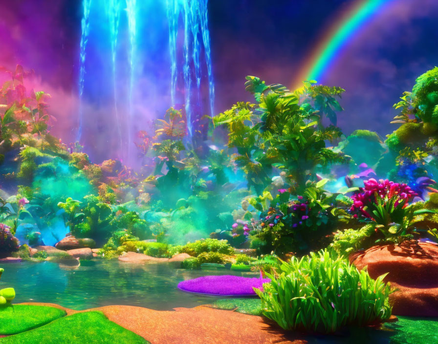 Colorful fantasy landscape with waterfall, rainbow, lush greenery, and misty atmosphere