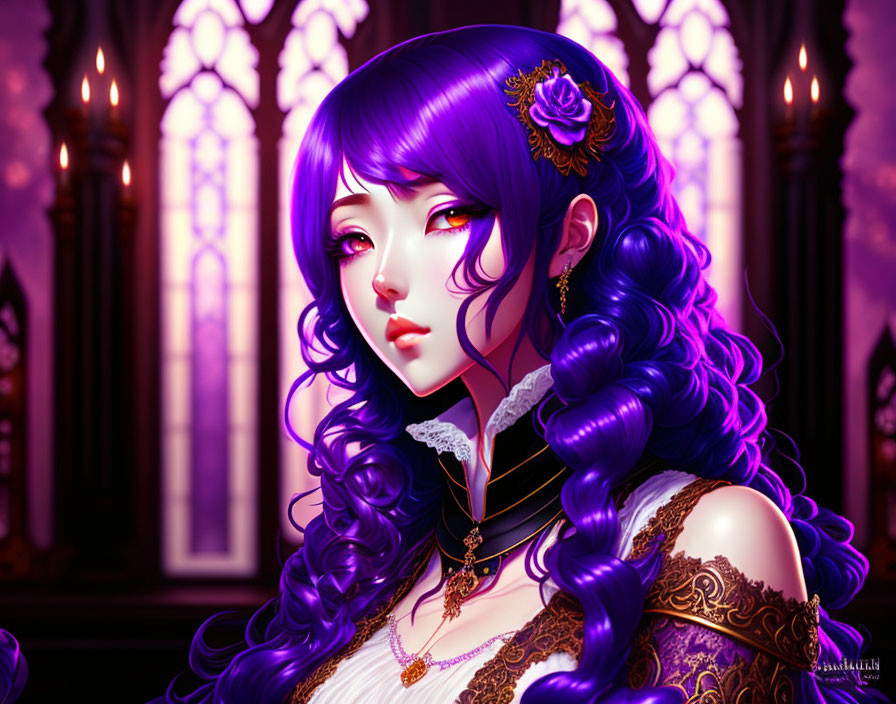 Purple-haired female character with intricate jewelry in stained glass window setting