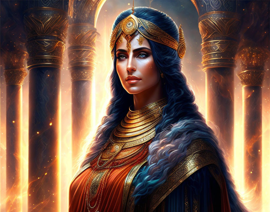 Regal woman in golden headdress and jewelry with blue-gray hair by flaming pillars