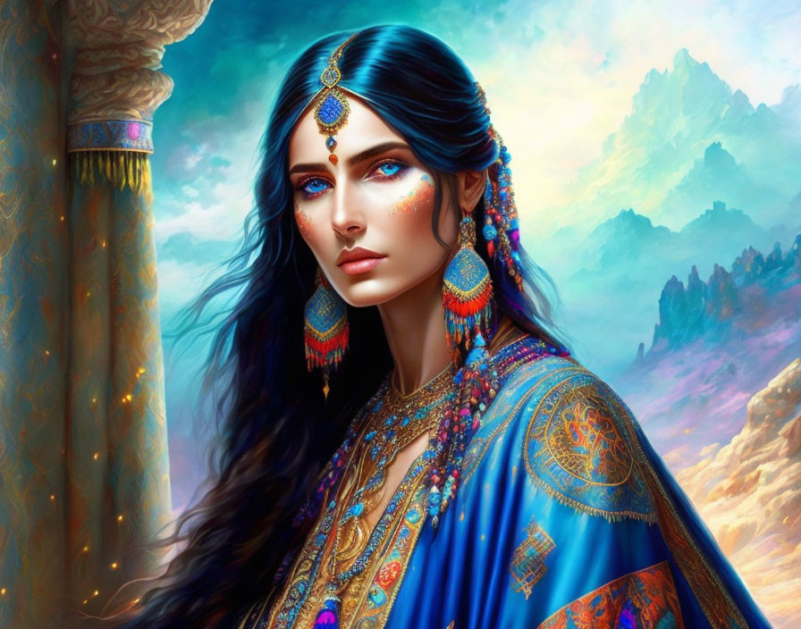 Digital Artwork: Woman with Blue Eyes in Ornate Attire and Mystical Landscape