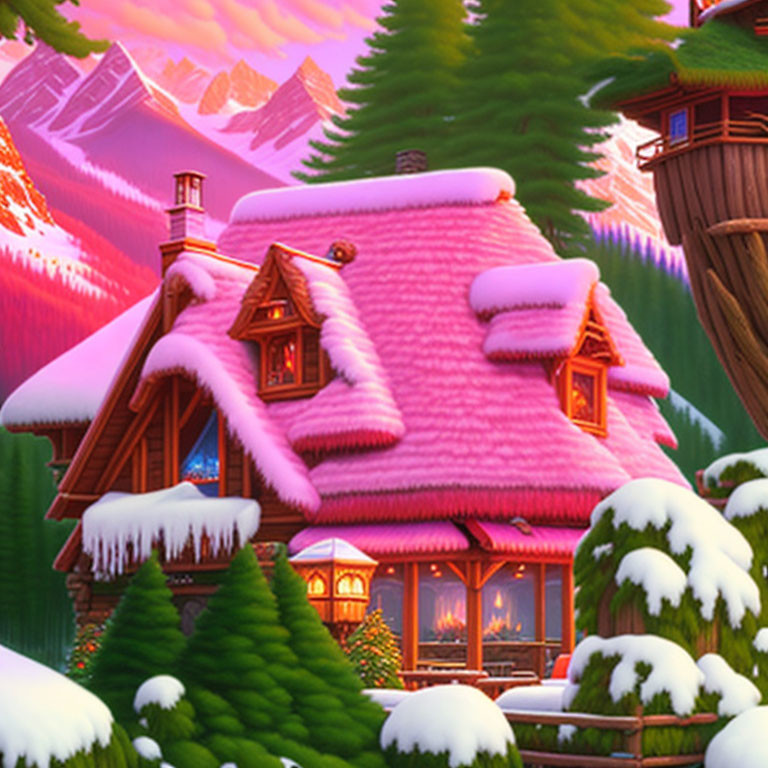 Snow-covered cabin with pink roof in snowy forest, purple mountains, sunset sky