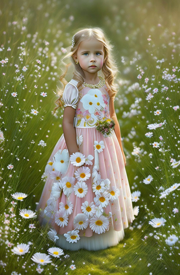 Young girl in pink and white dress surrounded by daisies