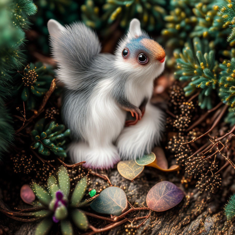 Fluffy white squirrel in vibrant green foliage