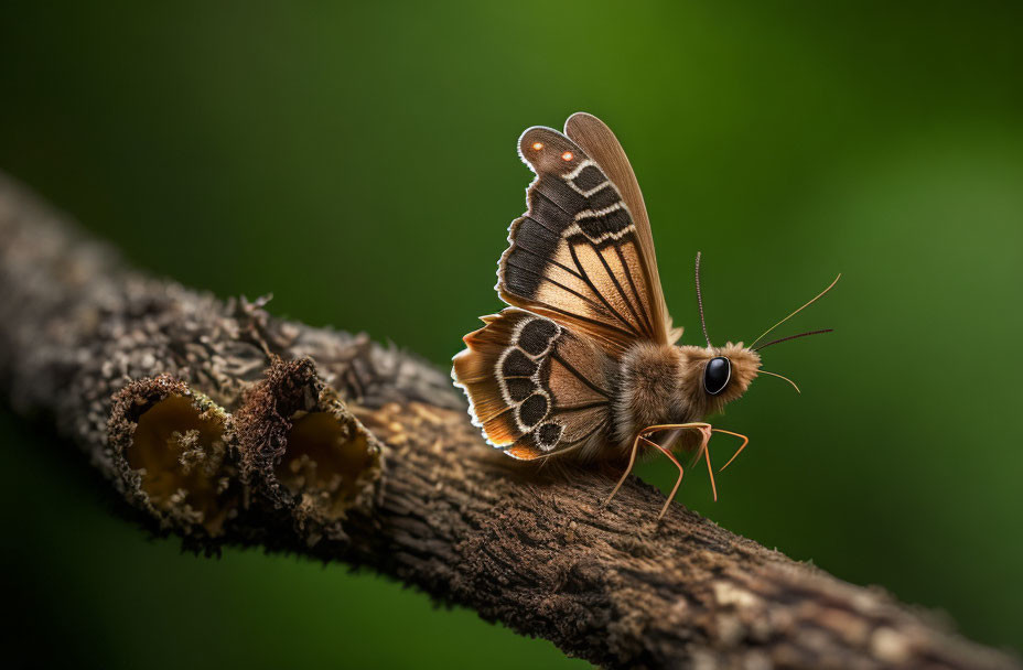 Brown Butterfly with Eye-Like Patterns Perched on Branch in Green Background