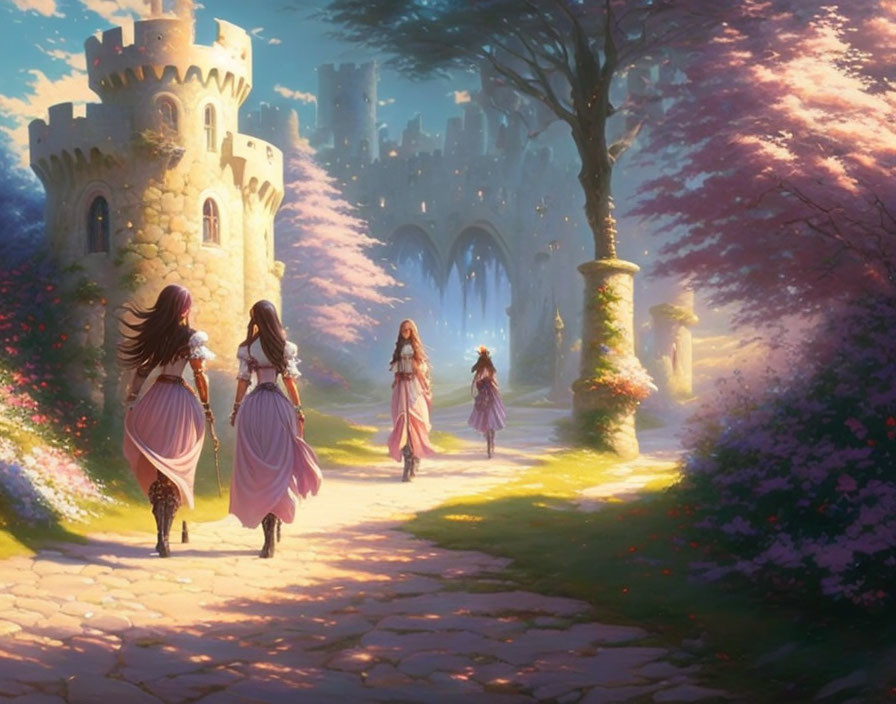 Medieval women in dresses near castle with blooming trees.