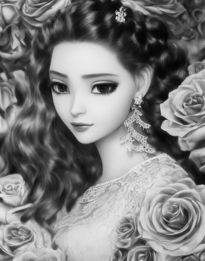 Monochrome digital portrait of woman with long wavy hair and roses in lace dress.