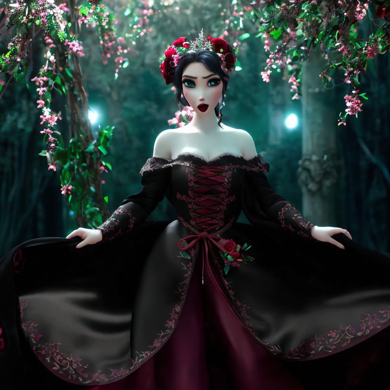 Stylized image of elegant figure in dark dress with red accents in ethereal forest