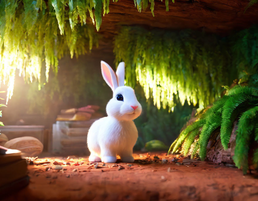 White Rabbit Sitting Under Shelter Surrounded by Green Plants