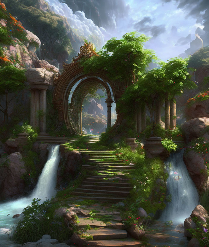 Ornate circular gate in lush greenery with waterfalls and stream