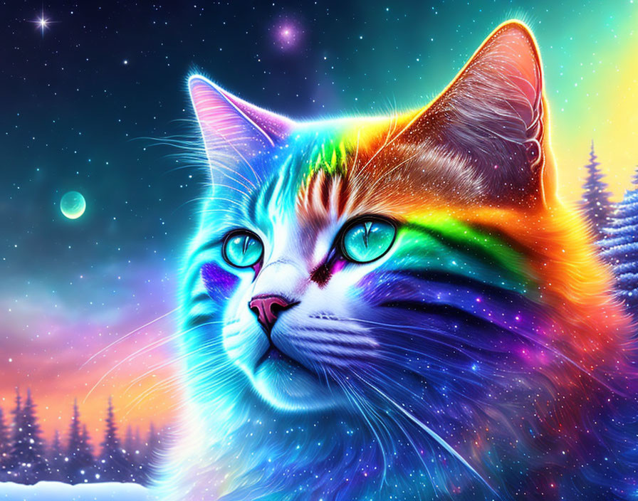 Colorful neon-lit cat in starry night scene