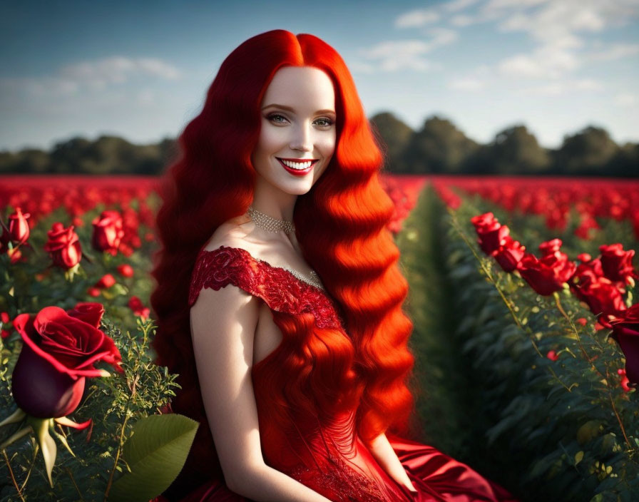 Smiling woman with long red hair in red dress surrounded by red roses under blue sky