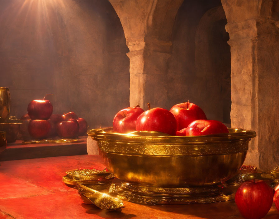 Sunlit still life: Red apples in golden bowl on table with medieval architecture.