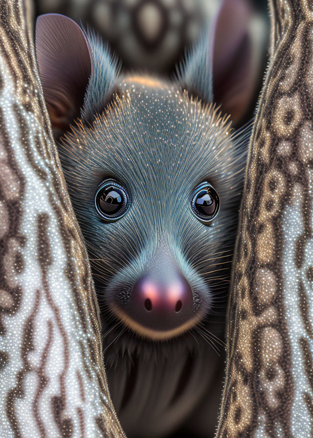 Detailed Digital Illustration of Adorable Possum Peeking Through Textured Curtain