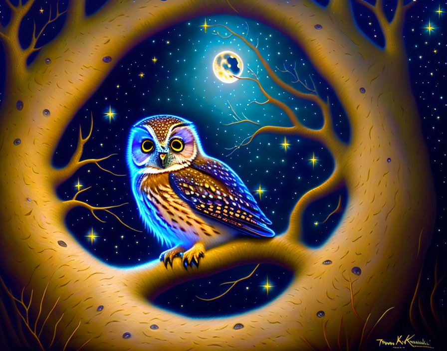 Illustrated owl on branch with moonlit night and starry sky backdrop