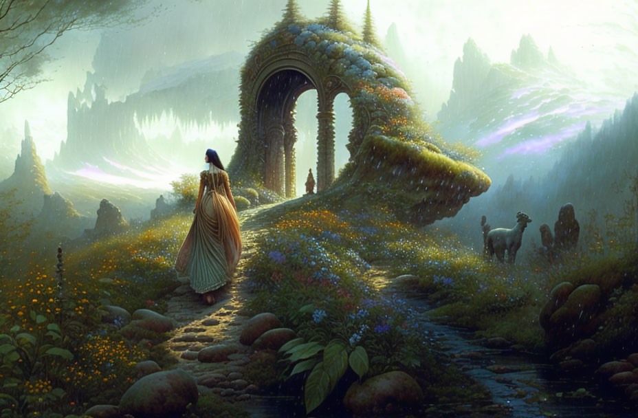 Woman in flowing dress walking towards archway in fantastical forest with wildlife