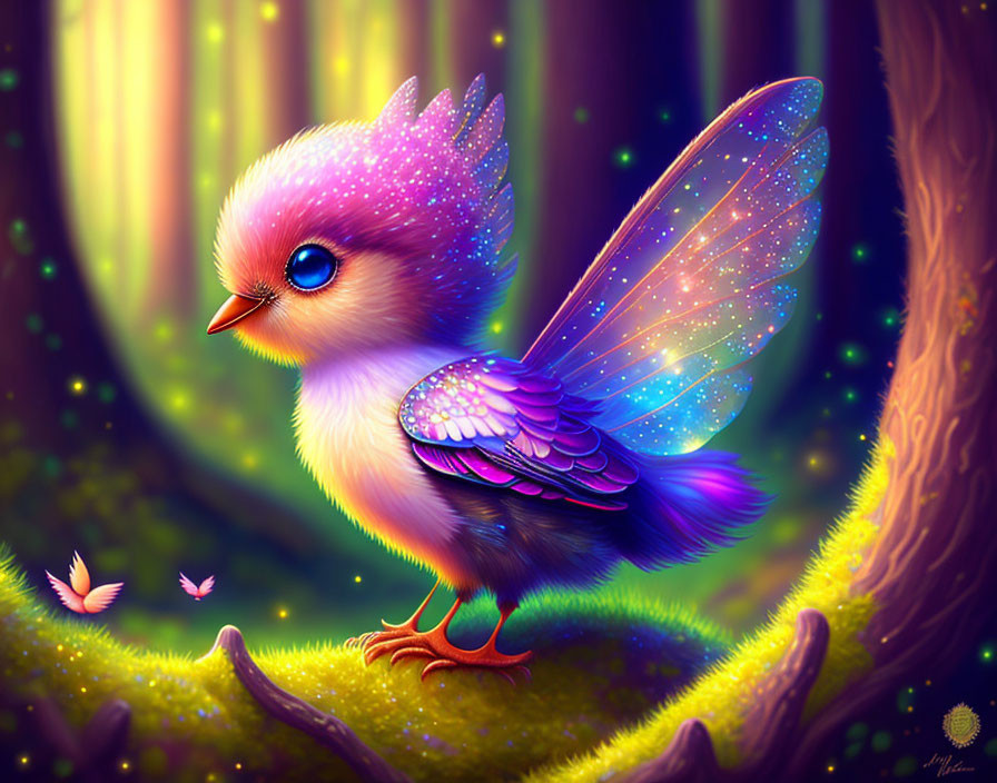 Colorful Sparkling Bird with Butterfly Wings in Enchanted Forest