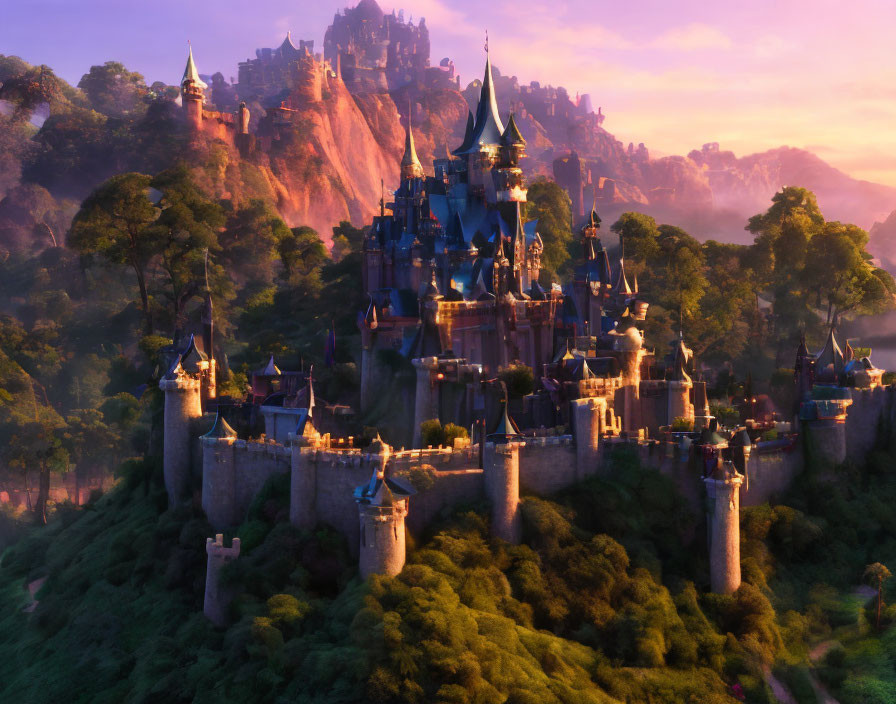 Majestic fairytale castle in lush forest at sunrise or sunset