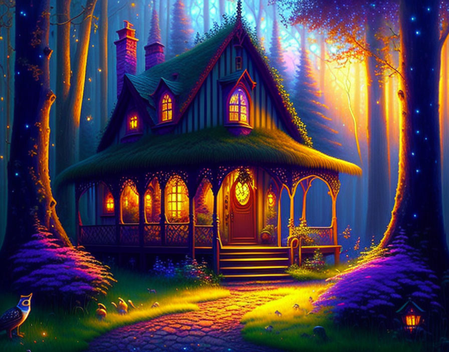 Thatched roof cottage in mystical forest with purple flora