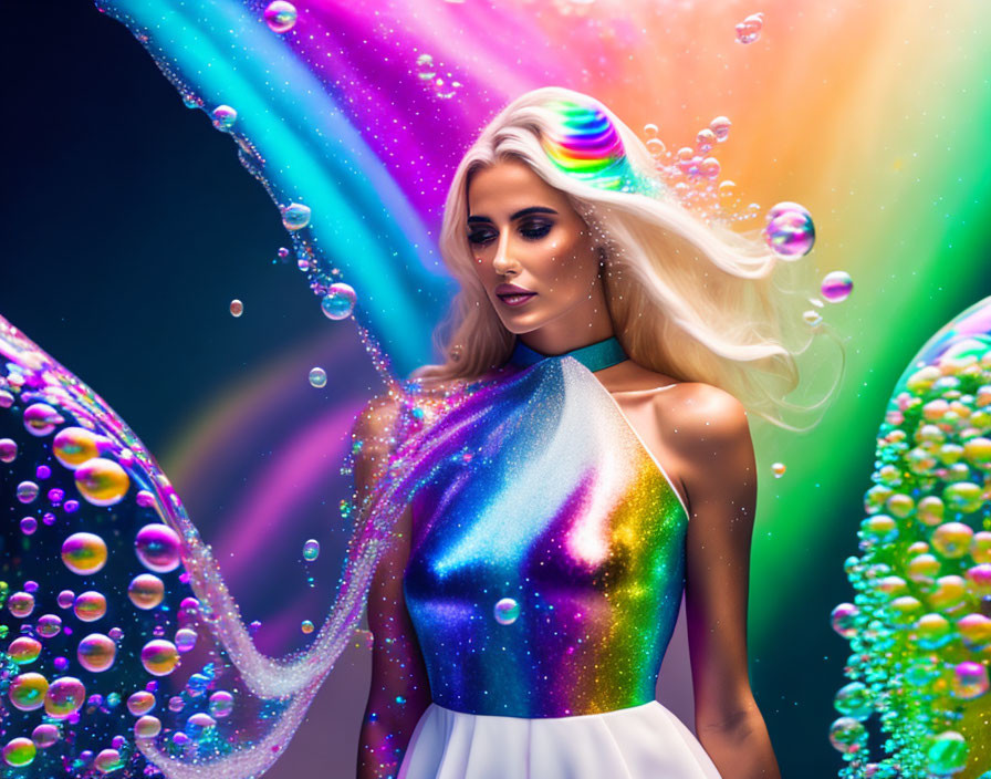 Platinum blonde woman in holographic dress with iridescent bubbles on rainbow gradient.