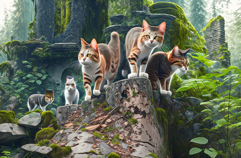 Four Cats Walking on Fallen Log in Misty Forest