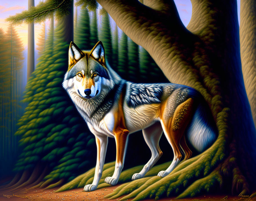 Wolf in Forest with Sunbeams: Detailed Wildlife Art