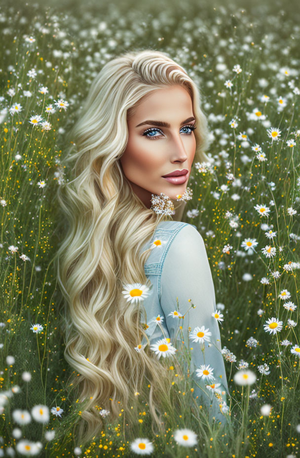 Blonde-haired woman in daisy field with serene aura