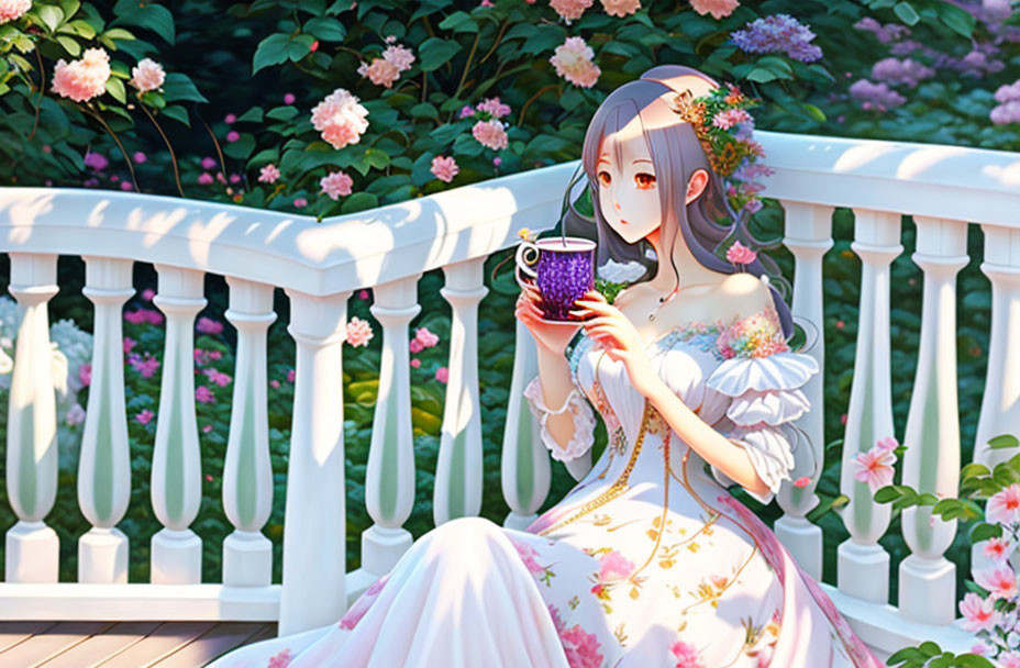 Long-haired female animated character on bench with roses and purple cup