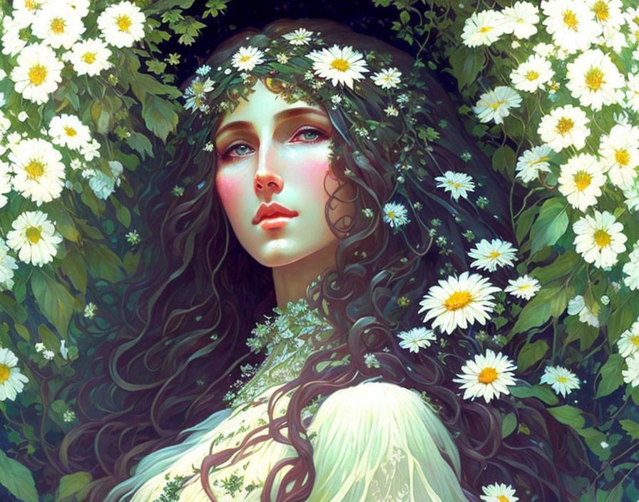 Brunette female figure with daisy crown in lush greenery